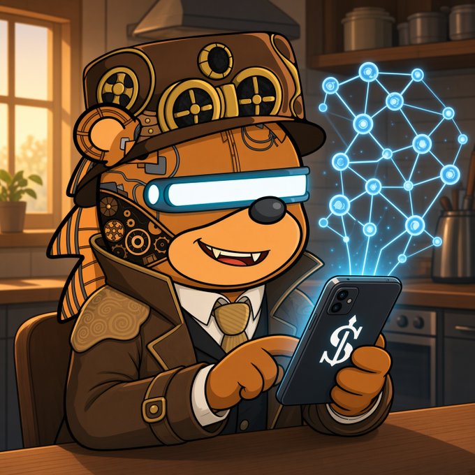 A cartoon illustration features a steampunk-styled bear wearing a top hat, glowing blue visor, and suit, holding a smartphone displaying a dollar sign while a glowing blue network graphic hovers nearby.