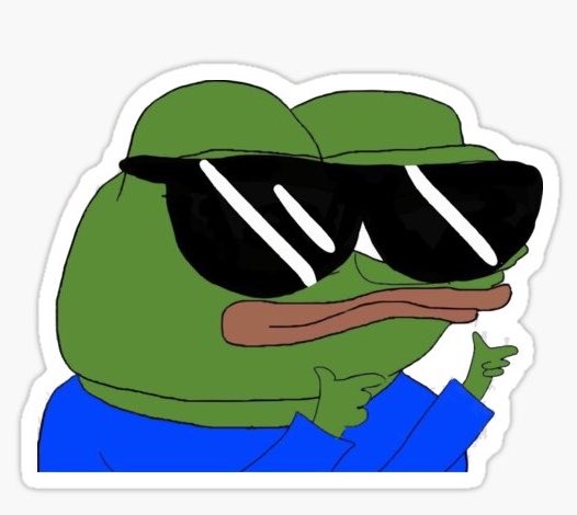 A cartoon sticker of a green frog wearing black sunglasses and a blue shirt, striking a confident pose with a smirk.