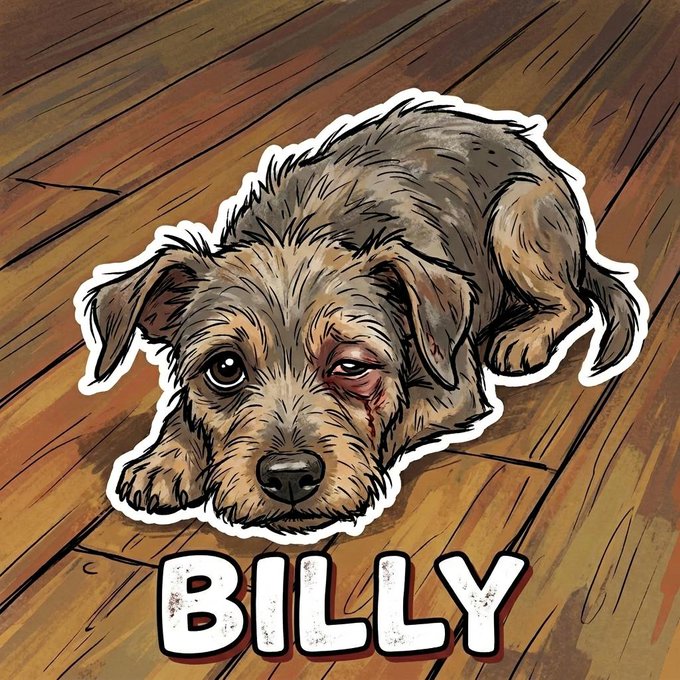 Illustration of a sad, scruffy brown dog lying on a wooden floor with the name 'BILLY' displayed in large letters below.