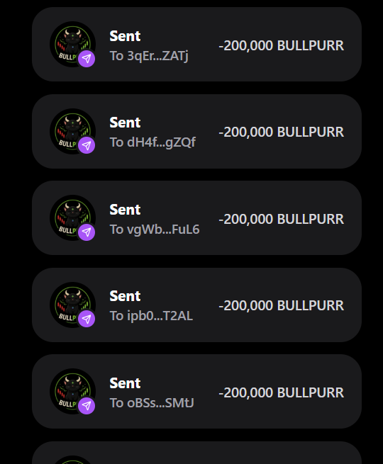 A screenshot showing a series of sent transactions on a crypto wallet, each transferring -200,000 BULLPURR to different recipient addresses (3qEr...ZATJ, dH4f...gZQf, vgWb...FuL6, ipb0...T2AL, oBSs...SMtJ), visually supporting the $BULLPURR airdrop promotion by demonstrating active token distribution.