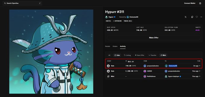 A screenshot of a NFT marketplace interface displaying Hypurr #311, showing an activity log entry highlighted in red where wallet "OutcomeAK" purchased the NFT for 740 $HYPE (~$53.1K) just 2 minutes ago, alongside other recent transactions for Hypurr #141 and other NFTs on the HypurrDeployer collection.