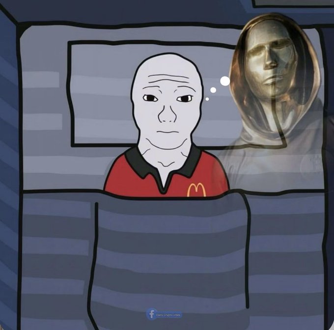 A Wojak-style cartoon character in a red McDonald's shirt lying in bed, thinking about a silver humanoid figure.