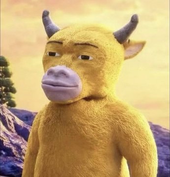 A 3D animated, yellow, furry creature with horns and a purple snout stands against a soft, warm-toned landscape background.