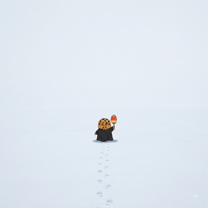 A small leopard-print figure in a black cloak walks through snow, leaving footprints behind while holding up a glowing orange mask.