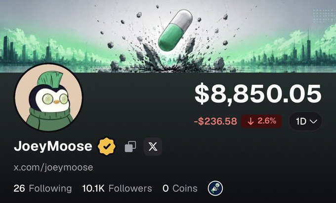 The image displays the JoeyMoose (x.com/joeymoose) profile page with $8,850.05 shown, down $236.58 (-2.6%) over 1 day, accompanied by a banner of a green pill capsule exploding against a city skyline backdrop. The post humorously notes that despite being down $1,200 from his initial $10,000 since starting his Pumpfun account, his vow to "pump and dump" is undermined by the visible 2.6% daily loss on his holdings.