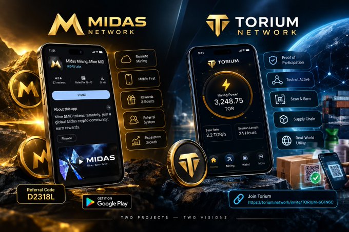 A split promotional graphic for two crypto projects: "MIDAS NETWORK" on the left featuring a phone screen for "Midas Mining: Mine MID" and "TORIUM NETWORK" on the right showing a phone screen for mining TOR, with a referral code "D2318L" and Google Play download links.