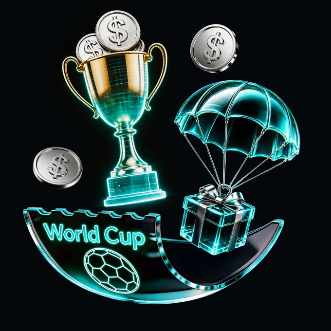 The image features a neon sign with the text "World Cup" displayed, along with an illustration of the World Cup trophy. The trophy has been split into two sections - one containing a $100 bill and the other holding a silver parachute. There is also a gift box situated next to the broken trophy. The objects are arranged in such a way that they suggest someone could place their $100 on this sign to win both of these prizes.