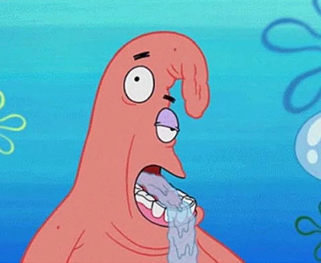 A screenshot from SpongeBob SquarePants showing Patrick Star with a distorted, creepy appearance with one large eye and drooling.