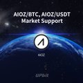 A dark graphic for 'AIOZ/BTC, AIOZ/USDT Market Support' featuring the AIOZ logo over an image of Earth from space.