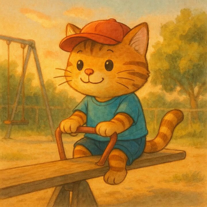 The image features a cartoon cat sitting on a seesaw, with its paws resting on one end of the board while looking at the camera. The background includes trees and a swing set, creating an outdoor setting for the scene. The caption "Seesaw supremacy achieved $CWIF" suggests that this illustration is related to a competition or achievement involving seesaws.