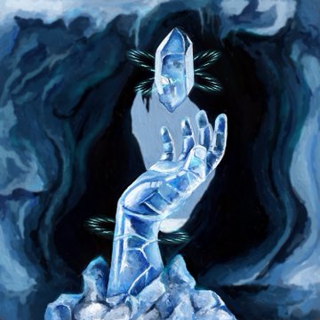 A digital illustration depicting a glowing blue icy figure or arm reaching upward within a dark cave, surrounded by floating crystal shards and blue energy.