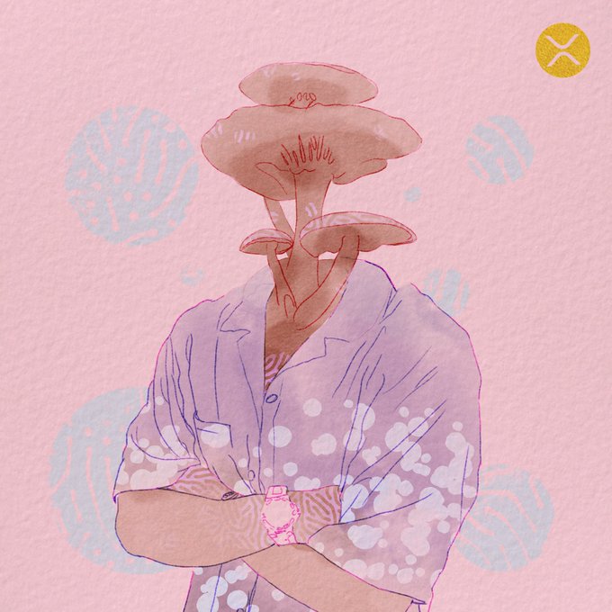 Digital illustration of a figure in a purple polka-dot button-up shirt with a bouquet of brown mushrooms growing where the head should be, set against a pink textured background with a small X logo in the corner.