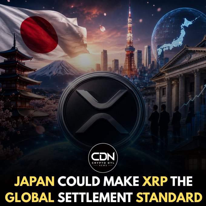 A dramatic composite image featuring a large XRP coin at its center, surrounded by iconic Japanese imagery including the Mt. Fuji, Tokyo Tower, a pagoda, cherry blossoms, the Japanese flag, and a digital globe showing Japan, with business figures standing before it. The bottom displays "CDN CRYPTO DVL NEWS" and the headline "JAPAN COULD MAKE XRP THE GLOBAL SETTLEMENT STANDARD," visually linking Japan's cultural and economic identity to XRP's potential role in global finance.
