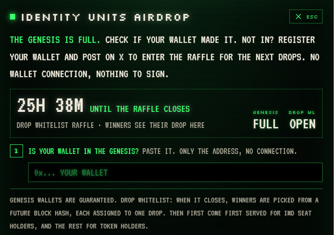 The image displays an "IDENTITY UNITS AIRDROP" registration page showing the Genesis is full with 25H 38M remaining until the raffle closes, and features a wallet address input field prompting users to check if their wallet made it into the drop. It complements the post by showing the actual registration interface where the user would paste their wallet address to apply for the IU7DEA0F whitelist, though registration doesn't require connecting a wallet or signing anything.
