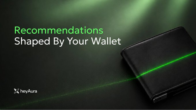 A sleek black wallet with green accent lighting sits against a dark background, alongside the text "Recommendations Shaped By Your Wallet" and the "heyAura" branding. The image visually reinforces the post's message by depicting a wallet as the foundation for AI-driven, personalized onchain recommendations.