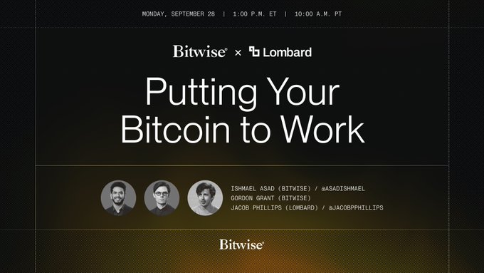 Event announcement for "Bitwise x Lombard" titled "Putting Your Bitcoin to Work" on Monday, September 28 at 1:00 P.M. ET, featuring speakers Ishmael Asad, Gordon Grant, and Jacob Phillips.