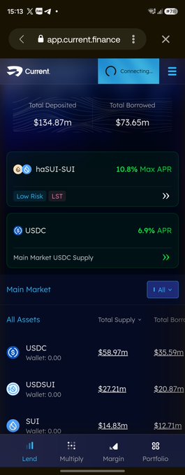 A screenshot of the Current finance app (app.current.finance) showing total deposited ($134.87m) and borrowed ($73.65m) figures, with haSUI-SUI offering 10.8% Max APR (Low Risk) and USDC at 6.9% APR in the Main Market.