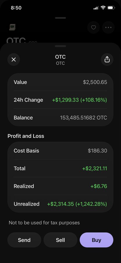 A screenshot of a crypto portfolio app showing OTC holdings with a value of $2,500.65, a balance of 153,485.51682 OTC, and an impressive 24h change of +$1,299.33 (+108.16%), along with unrealized gains of +$2,314.35 (+1,242.28%), illustrating the strong bullish momentum behind the "$OTC" ticker highlighted in the post.