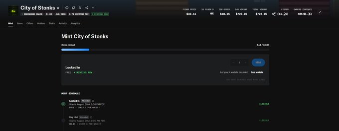 A screenshot of a cryptocurrency minting webpage titled 'City of Stonks' showing a 'Locked in' mint status with a progress bar and mint schedule details.