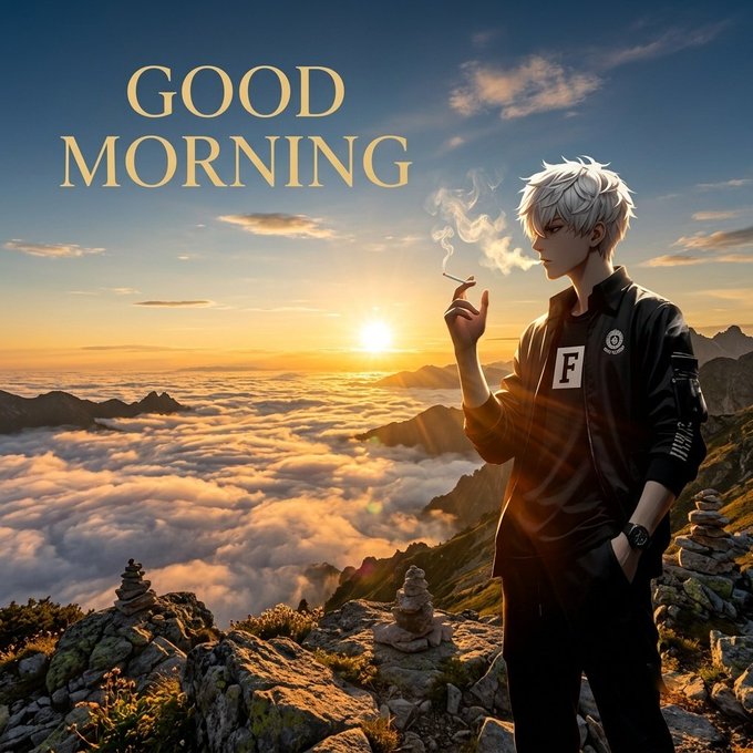A white-haired anime character smokes above a cloud-covered sunrise, with "GOOD MORNING" in gold lettering—setting a contemplative, ambitious tone that complements the post's excitement about starting a new journey with River.