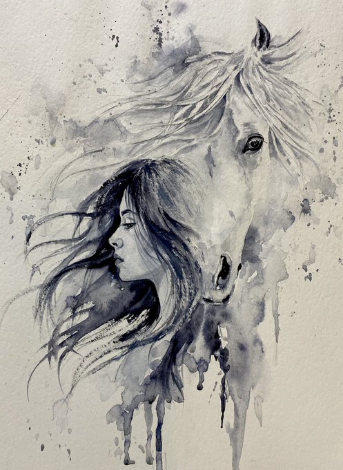 A black and white watercolor painting depicting the profile of a woman with long flowing hair alongside the head of a horse.