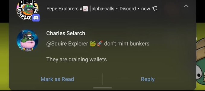 A Telegram/Discord notification from 'Pepe Explorers #📈 | alpha-calls' containing a message from 'Charles Selarch' (@Squire Explorer) warning 'don't mint bunkers, They are draining wallets.'