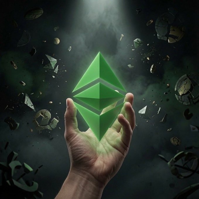 A dramatic digital art image of a hand holding a glowing green Ethereum (ETH) crystal/gem against a dark background with broken pieces and a green glow.