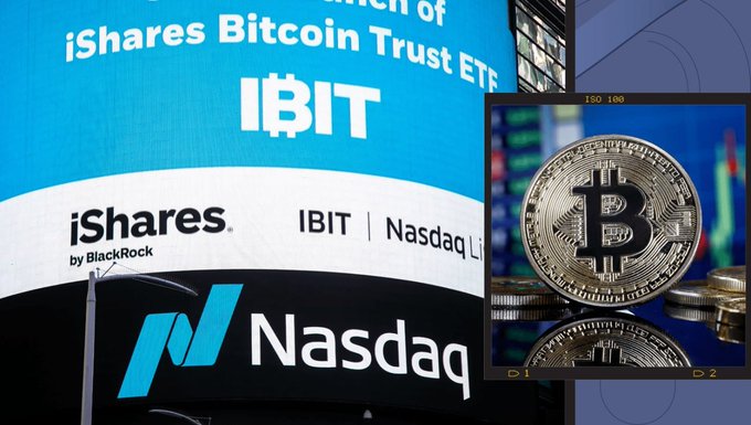 A promotional image for BlackRock's iShares Bitcoin Trust ETF (IBIT) traded on Nasdaq, alongside a physical Bitcoin coin displayed against a financial trading chart background. The image visually supports the post's discussion of BlackRock's IBIT fund and its cash-based capital deployment strategy for Bitcoin investment.