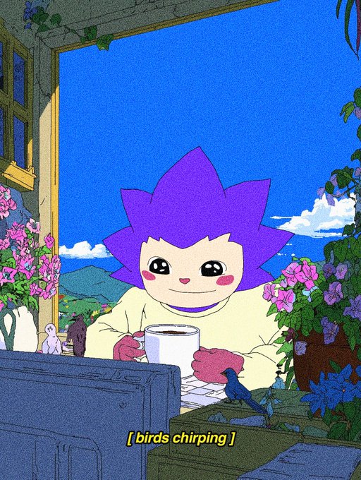 The image features a cartoon character with purple hair, wearing a white shirt and holding a cup of coffee while sitting at a table. The background includes a window overlooking a garden filled with flowers and trees. There are also birds chirping outside the window. The caption "birds chirping" is written in yellow text above the image.