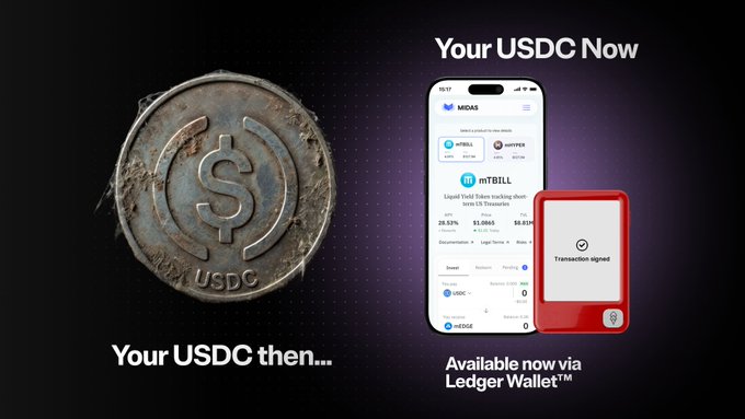 The image features a coin, possibly a USDC coin or a similar type of currency, placed next to an iPhone screen displaying information about investing in cryptocurrency using the USDC coin. The text on the image reads "Your USDC Now... Your USDC Then..." and "Your USDC Then... @MidasRWA via Ledger Wallet". This suggests that the coin is available for use now, but can also be used later to invest in cryptocurrency or other digital assets using the provided Ledger Wallet.