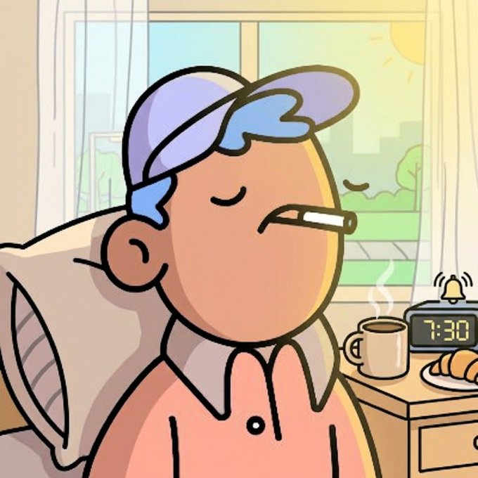 Cartoon illustration of a relaxed character wearing a backwards cap smoking a cigarette in the morning, with a coffee mug, croissant, and an alarm clock showing 7:30 on a bedside table.