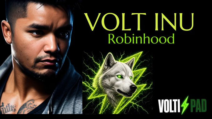 A promotional graphic featuring a man's face next to the "VOLT INU" logo with a husky dog and lightning bolts, and the text "Robinhood" and "VOLTPAD" in green.