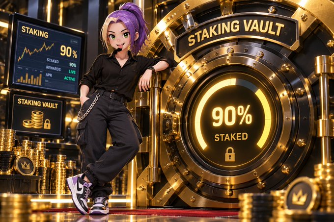 A digital illustration of an anime-style character with purple hair standing next to a golden vault labeled 'STAKING VAULT' displaying '90% STAKED', with additional screens showing staking rewards.