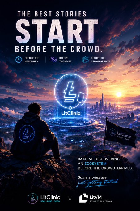A dramatic promotional image shows a silhouetted figure sitting on a cliff overlooking a futuristic glowing cityscape at sunset, with a large illuminated "LitClinic" coin hovering in the center and a branded flag planted nearby. The text reads "THE BEST STORIES START BEFORE THE CROWD" along with "IMAGINE DISCOVERING AN ECOSYSTEM BEFORE THE CROWD ARRIVES" and "LitClinic REAL • FUND • GROW" co-branded with LitVM "POWERED BY LITECOIN."

The image visually reinforces the post's message of early discovery by depicting a solitary explorer surveying an emerging ecosystem from a quiet vantage point—symbolizing the calm "before the crowd" and suggesting that LitClinic/LitVM represents a frontier opportunity yet to be recognized by the masses.