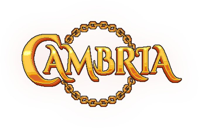 A stylized gold and orange logo for 'Cambria' encircled by a decorative chain on a white background.