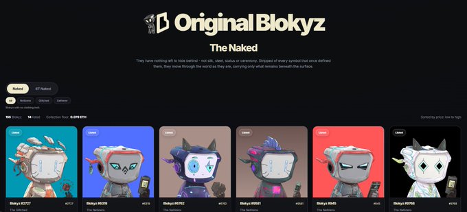 An NFT marketplace page for 'Original Blokyz' featuring 'The Naked' collection by Baekdu with six character Blokyz displayed for sale at varying prices.