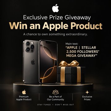 Promotional graphic titled 'Exclusive Prize Giveaway - Win an Apple Product' showing an iPhone and a gift box, advertising a 'MEGA GIVEAWAY' for 2,500 followers.