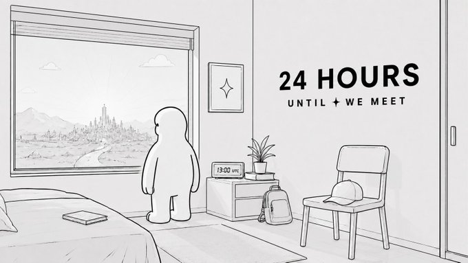 A simple line-drawn illustration shows a person standing by a bedroom window gazing at a distant cityscape, with text reading "24 HOURS UNTIL WE MEET" and a clock displaying "13:00 UTC," tying into the post's announcement of an NFT mint countdown scheduled for August 20 at 13:00 UTC.