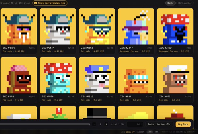 The image shows a marketplace interface displaying pixel-art characters (ZEC #3109, #2517, #1565, #2447, #3150, #452, #1158, #1825, #881, #973) priced at either 0.5 or 0.499 ZEC, with a "Buy floor" button highlighted at $500—matching the tweet's complaint about the ZecBit NFT collection's current floor price and concerns over minting technical issues.