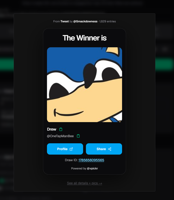 The image shows a "The Winner is" announcement from a Twitter giveaway by @Smackdowness with 1,829 entries, declaring @OneTapManBee ("Drew") as the winner with a cartoon drawing of a smiling face, confirming the $25 giveaway win referenced in the post.