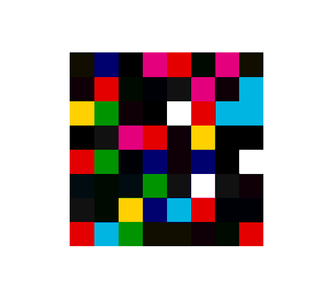 A pixelated grid pattern composed of colored squares in red, blue, green, pink, yellow, black, and white, forming an abstract shape.