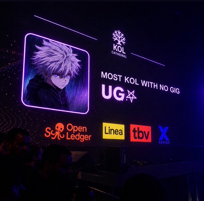 A digital screen displays an anime-style character avatar with purple hair alongside the text "MOST KOL WITH NO GIG" and the username "UG," presented at a KOL Cathedral event sponsored by Sui, OpenLedger, Linea, tbv, and X Series.