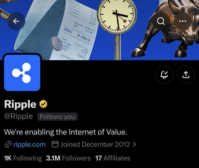 The image shows a Twitter/X profile for "Ripple" (@Ripple, 3.1M followers) with the tagline "We're enabling the Internet of Value," supporting the post's claim about a major crypto company following the author and tying into the "Greatest Wealth Transfer in History" theme.