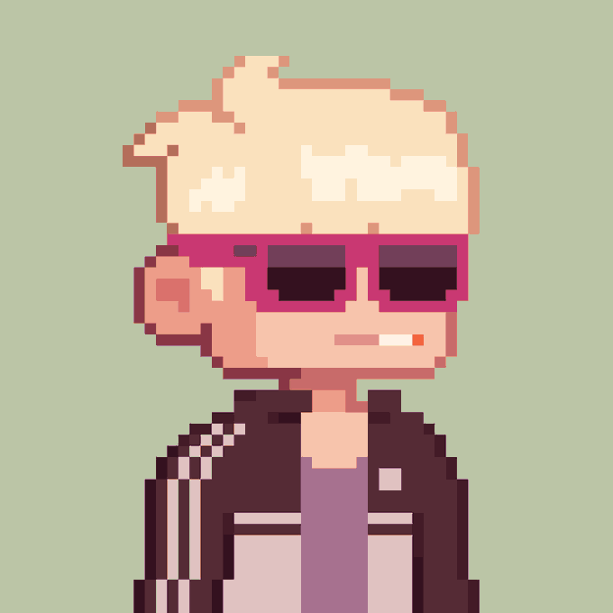 A pixel art illustration of a blonde character wearing pink-framed sunglasses with a cigarette in their mouth, dressed in a dark jacket with stripes.