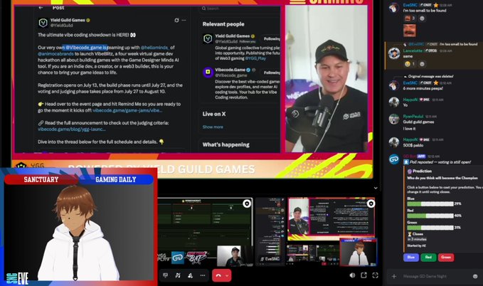 A livestream broadcast shows a man wearing a 'Yield Guild Games' cap alongside tweets about a Vibe Coding hackathon and chat discussing voting on Champions.