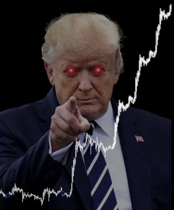 This image features Donald Trump with red, glowing eyes, pointing forward, overlaid with a rising stock graph. The image supports the accompanying post's command to "Hodl your Dogecoin" by implying his endorsement of its upward trajectory.