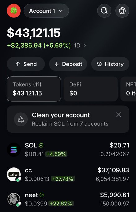 A crypto wallet interface displays a total balance of '$43,121.15' with a 5.69% daily gain, listing tokens like SOL, 'cc', and 'neet' alongside their respective values and quantities.