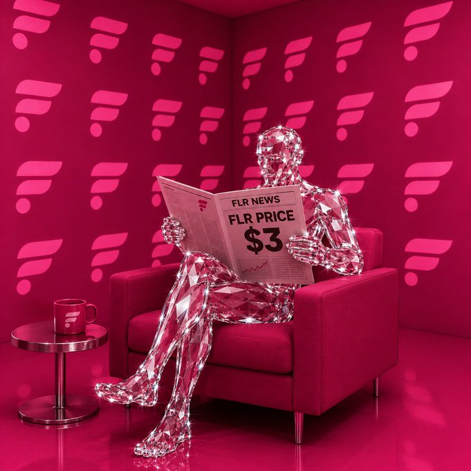 A faceted crystal humanoid figure relaxes in a magenta armchair reading a newspaper with the headline "FLR NEWS: FLR PRICE $3," set against a pink room branded with Flare Network logos, visualizing the poster's bullish $3 price target for the $FLR token against its current $0.00595 price.