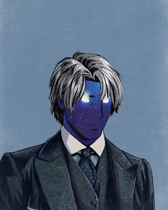 A dapper avatar with a cosmic, star-filled face and silver hair wears a formal dark suit and tie against a muted blue background. The polished, business-ready appearance mirrors the post's theme of showing up suited up for a major announcement promising a "win/win/win" for the involved parties.