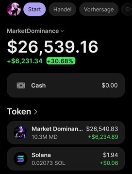 A crypto portfolio screenshot showing MarketDominance token valued at $26,539.16 with +30.68% gains, alongside a small Solana position.